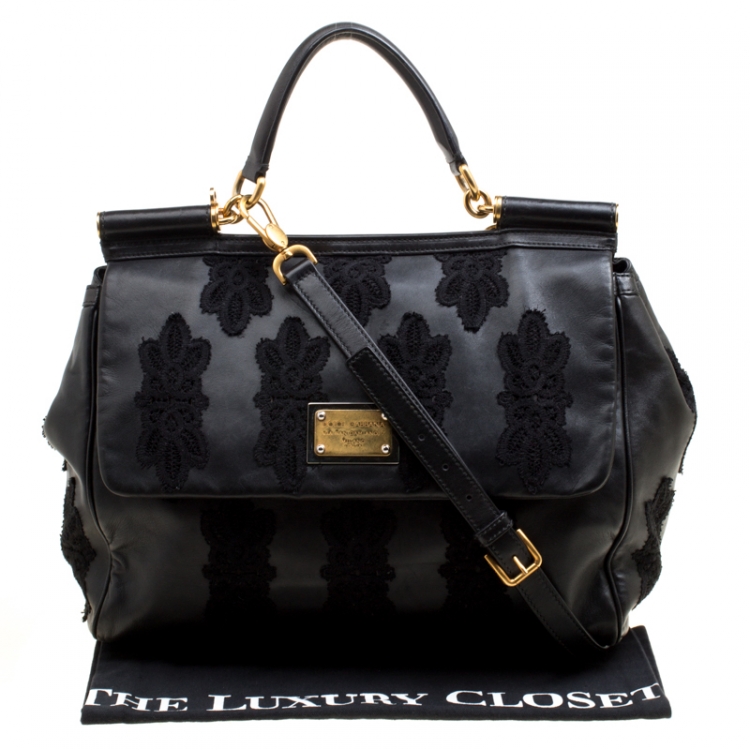 Pre Owned Dolce and Gabbana Black Leather and Lace Large Soft Miss Sicily Top Handle Bag
