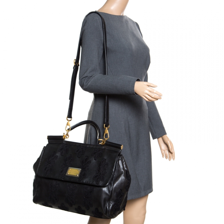Pre Owned Dolce and Gabbana Black Leather and Lace Large Soft Miss Sicily Top Handle Bag