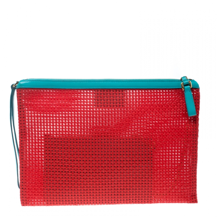 Pre Owned Dolce and Gabanna Coral Red Mesh PVC Clutch