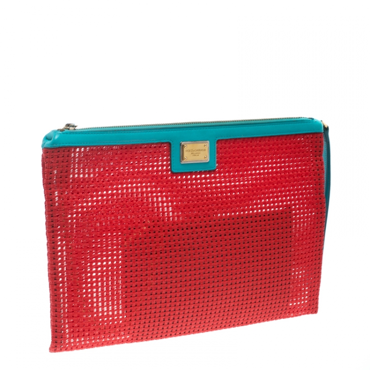 Pre Owned Dolce and Gabanna Coral Red Mesh PVC Clutch