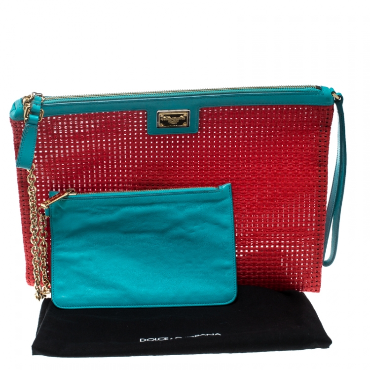 Pre Owned Dolce and Gabanna Coral Red Mesh PVC Clutch