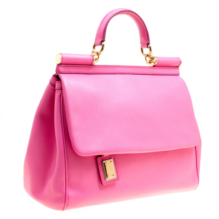 Pre Owned Dolce and Gabbana Fuchsia Pink Leather Large Miss Sicily Top Handle Bag
