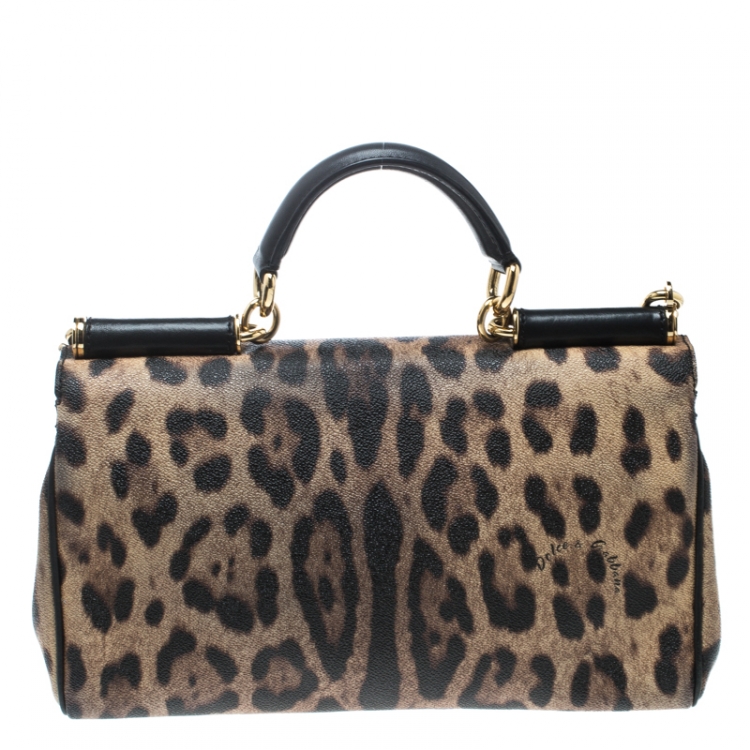 Pre Owned Dolce and Gabbana Leopard Print Coated Canvas Miss Sicily Top Handle Bag