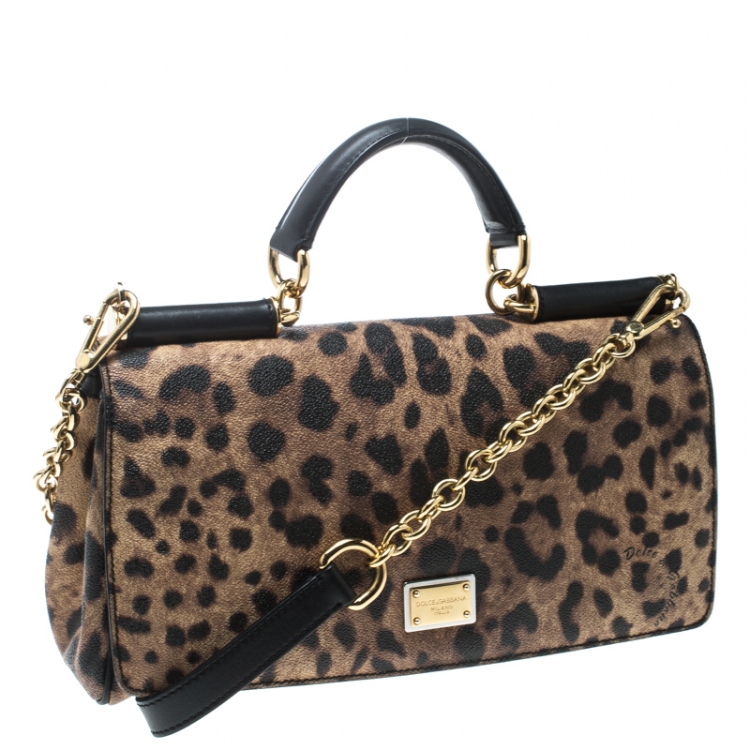 Pre Owned Dolce and Gabbana Leopard Print Coated Canvas Miss Sicily Top Handle Bag
