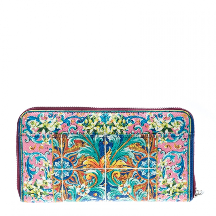 Pre Owned Dolce & Gabbana Multicolor Majolica Printed Leather Zip Around Wallet