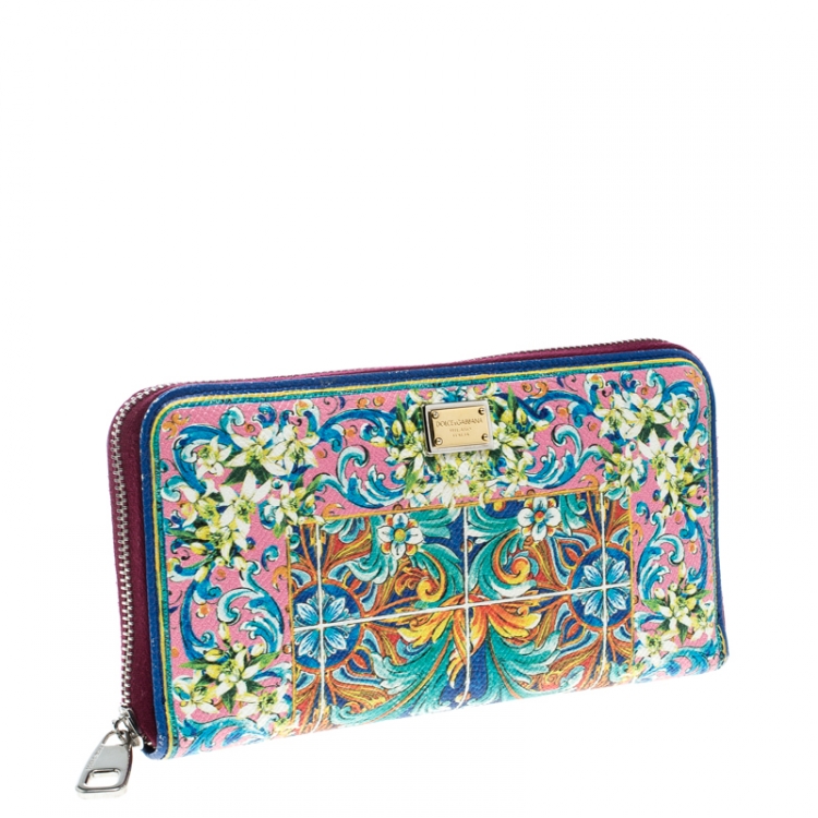 Pre Owned Dolce & Gabbana Multicolor Majolica Printed Leather Zip Around Wallet