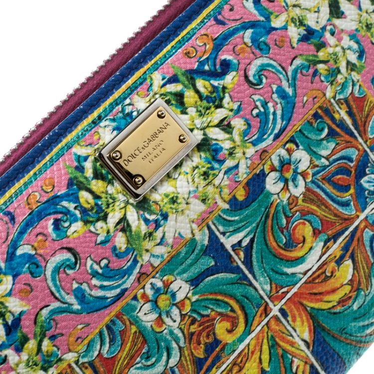 Pre Owned Dolce & Gabbana Multicolor Majolica Printed Leather Zip Around Wallet
