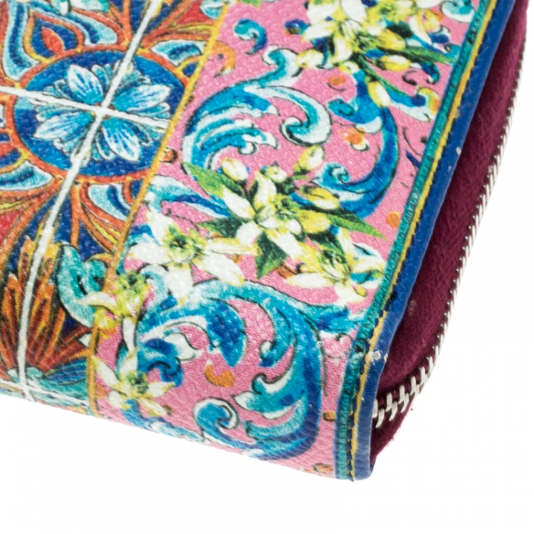 Pre Owned Dolce & Gabbana Multicolor Majolica Printed Leather Zip Around Wallet