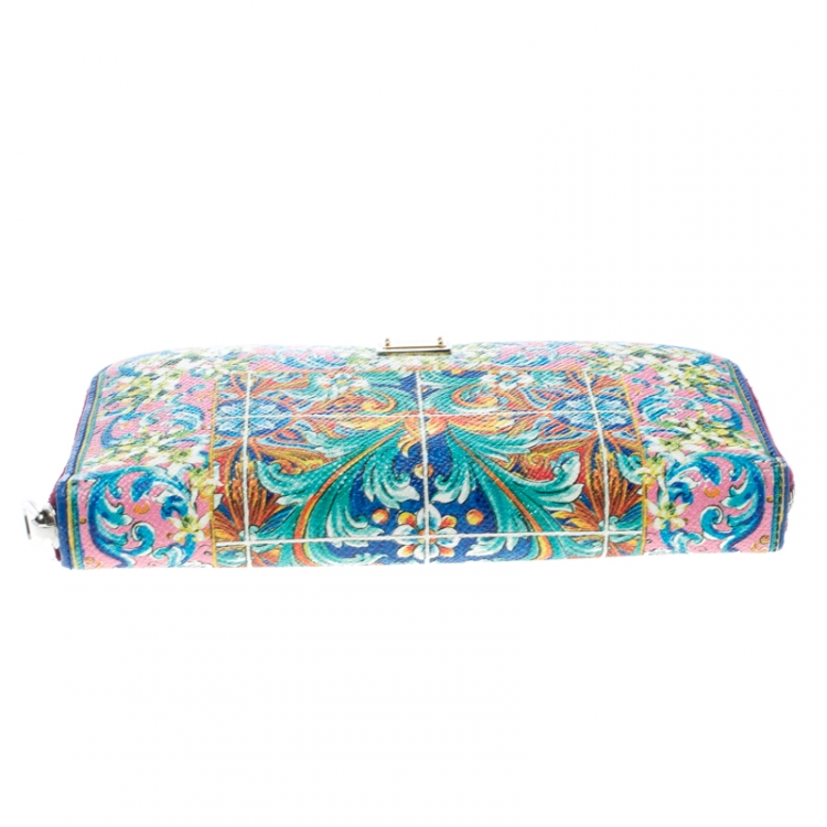 Pre Owned Dolce & Gabbana Multicolor Majolica Printed Leather Zip Around Wallet