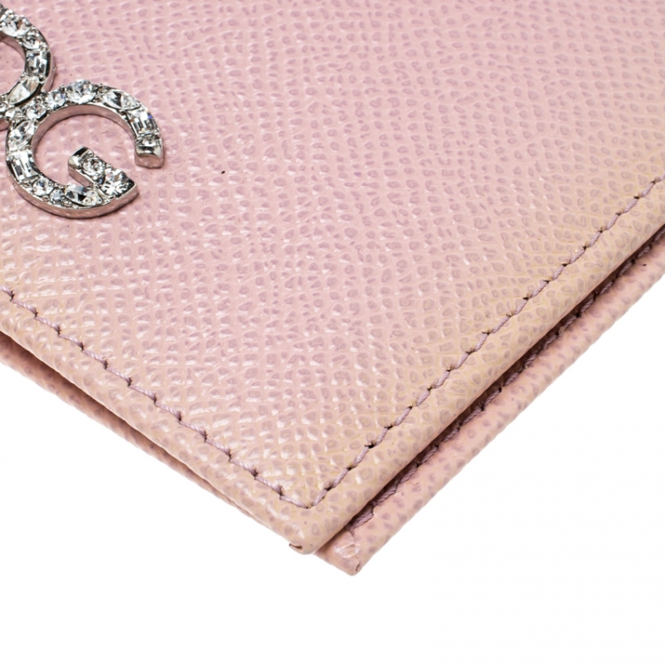 Pre Owned Dolce & Gabbana Pink Leather Crystal Logo Passport Holder