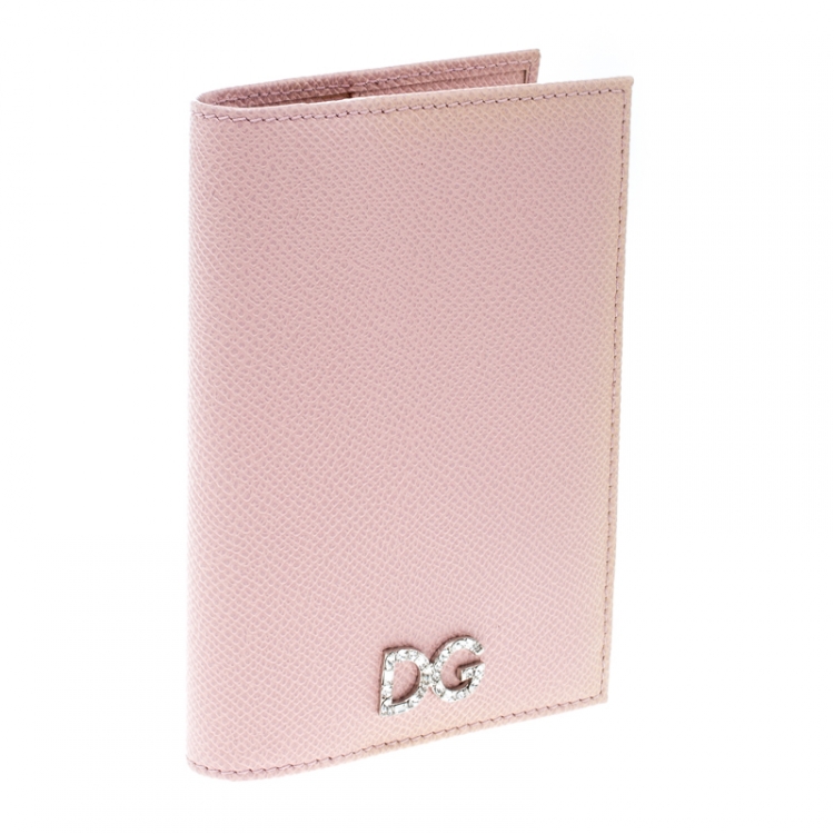 Pre Owned Dolce & Gabbana Pink Leather Crystal Logo Passport Holder