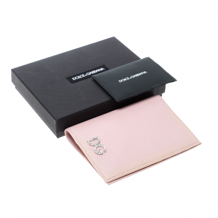 Pre Owned Dolce & Gabbana Pink Leather Crystal Logo Passport Holder