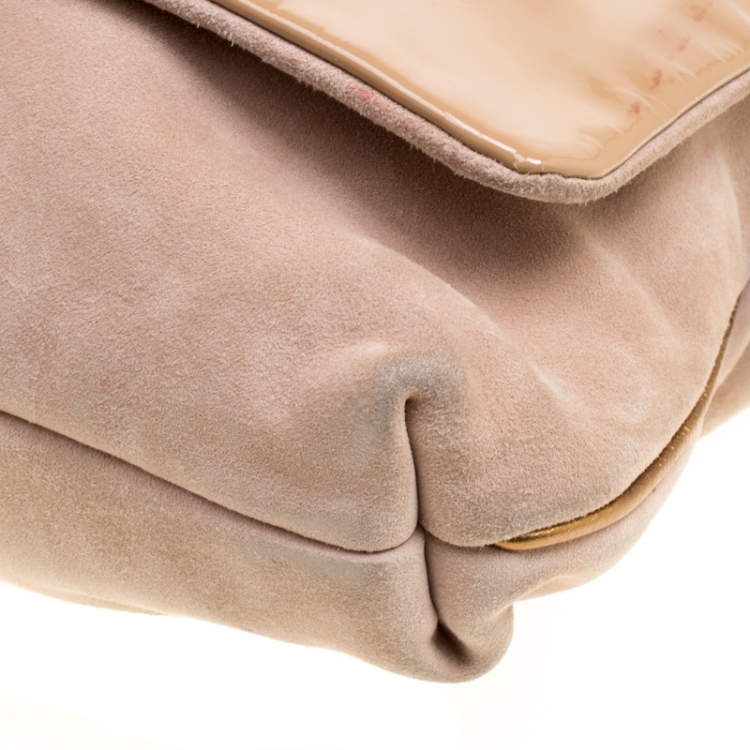 Pre Owned Dolce and Gabbana Beige Suede and Patent Leather Miss Charles Shoulder Bag