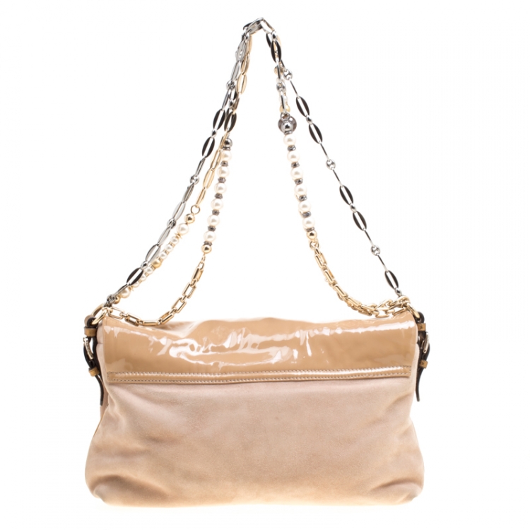 Pre Owned Dolce and Gabbana Beige Suede and Patent Leather Miss Charles Shoulder Bag