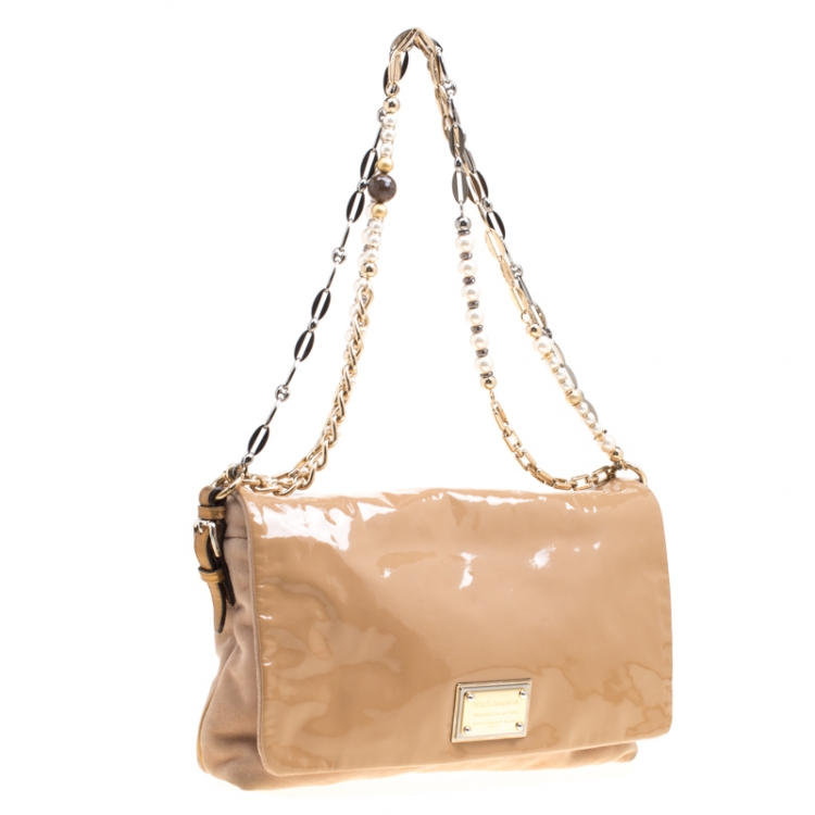 Pre Owned Dolce and Gabbana Beige Suede and Patent Leather Miss Charles Shoulder Bag
