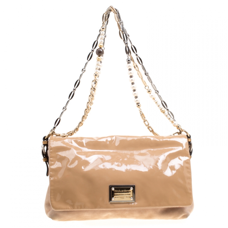 Pre Owned Dolce and Gabbana Beige Suede and Patent Leather Miss Charles Shoulder Bag