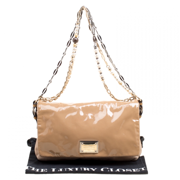 Pre Owned Dolce and Gabbana Beige Suede and Patent Leather Miss Charles Shoulder Bag