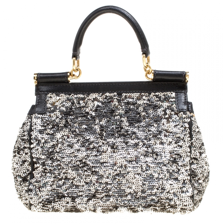 Pre Owned Dolce and Gabbana Silver/Black Sequin and Leather Small Miss Sicily Top Handle Bag