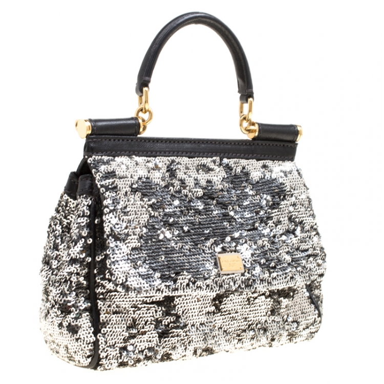 Pre Owned Dolce and Gabbana Silver/Black Sequin and Leather Small Miss Sicily Top Handle Bag