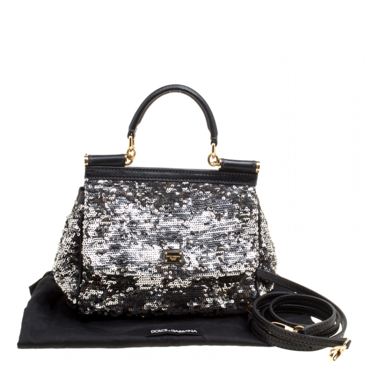 Pre Owned Dolce and Gabbana Silver/Black Sequin and Leather Small Miss Sicily Top Handle Bag