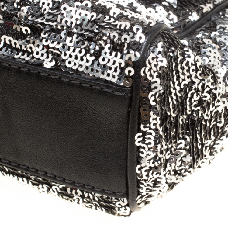 Pre Owned Dolce and Gabbana Silver/Black Sequin and Leather Small Miss Sicily Top Handle Bag