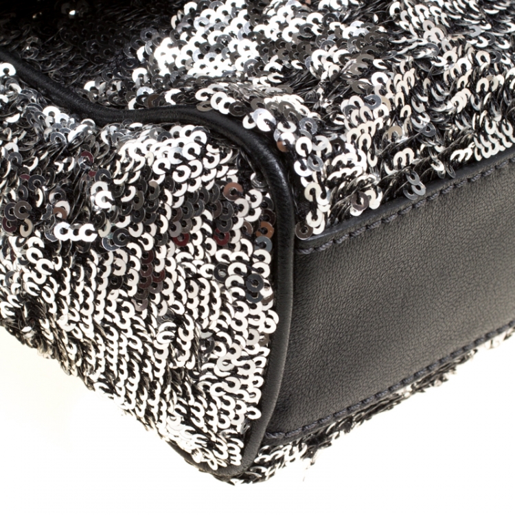 Pre Owned Dolce and Gabbana Silver/Black Sequin and Leather Small Miss Sicily Top Handle Bag