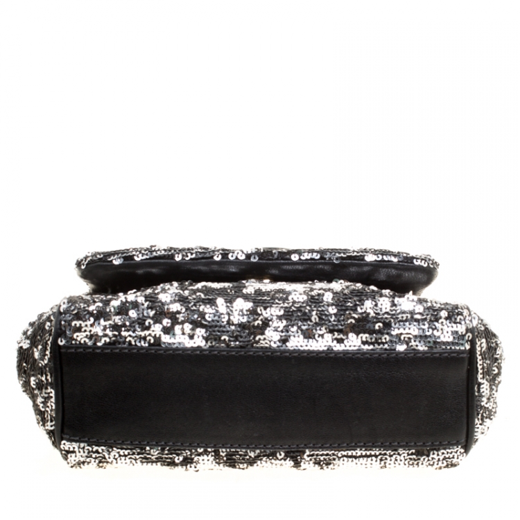 Pre Owned Dolce and Gabbana Silver/Black Sequin and Leather Small Miss Sicily Top Handle Bag