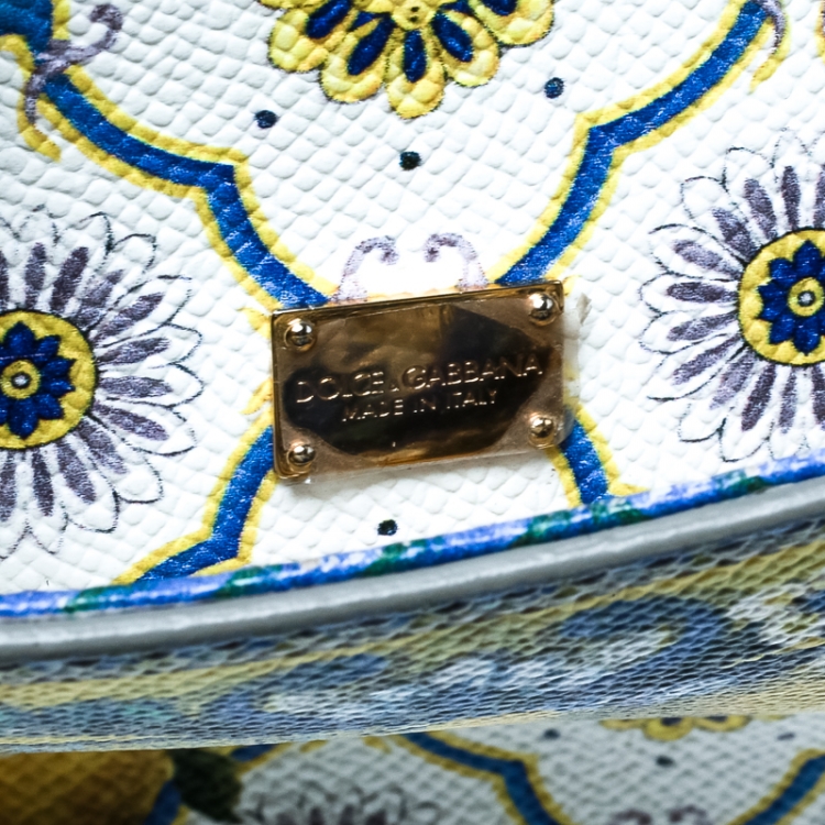 Pre Owned Dolce and Gabbana White Multicolor Lemon Print Leather Medium Miss Sicily Tote
