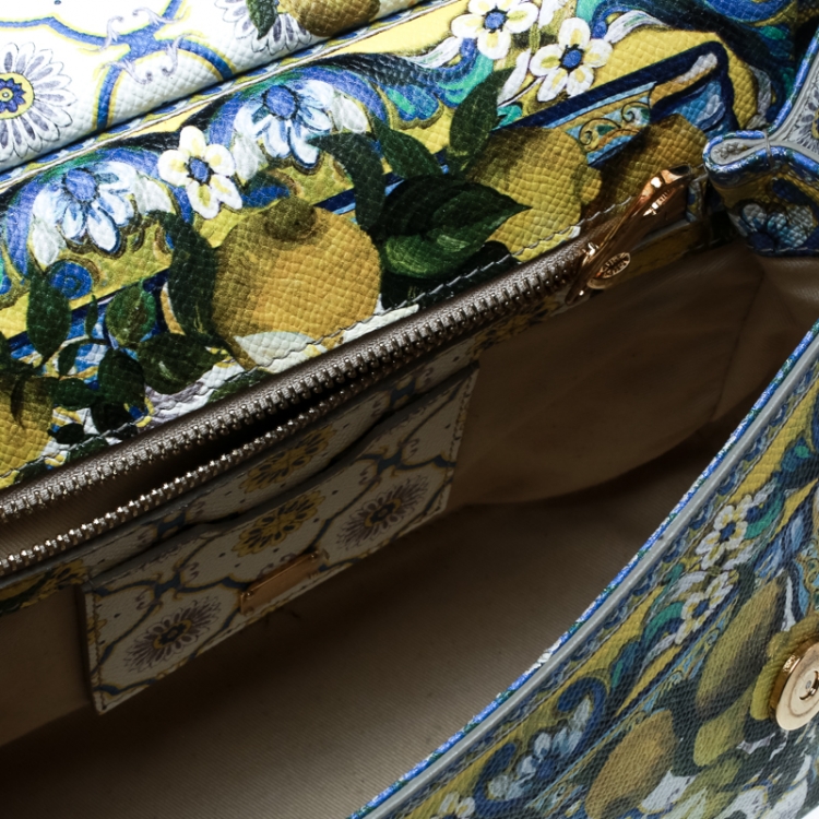 Pre Owned Dolce and Gabbana White Multicolor Lemon Print Leather Medium Miss Sicily Tote