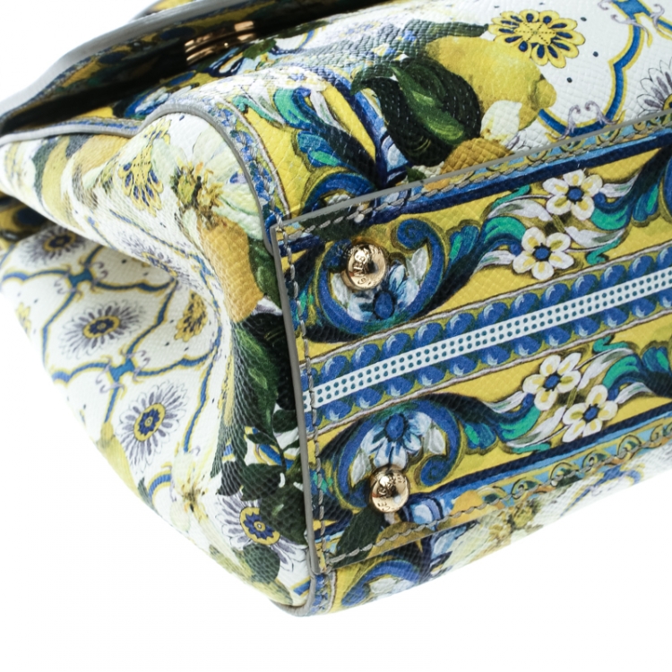 Pre Owned Dolce and Gabbana White Multicolor Lemon Print Leather Medium Miss Sicily Tote