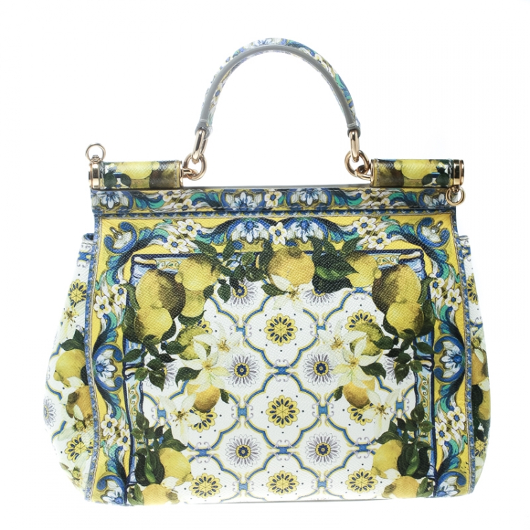 Pre Owned Dolce and Gabbana White Multicolor Lemon Print Leather Medium Miss Sicily Tote