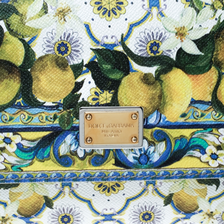 Pre Owned Dolce and Gabbana White Multicolor Lemon Print Leather Medium Miss Sicily Tote