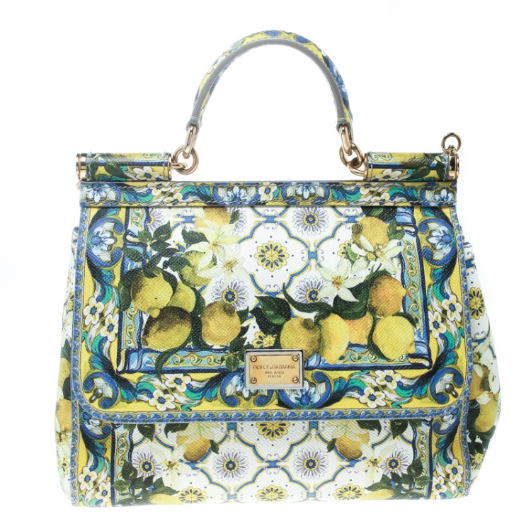 Pre Owned Dolce and Gabbana White Multicolor Lemon Print Leather Medium Miss Sicily Tote