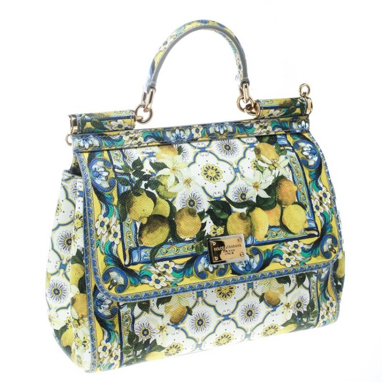 Pre Owned Dolce and Gabbana White Multicolor Lemon Print Leather Medium Miss Sicily Tote