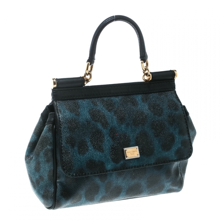 Pre Owned Dolce and Gabbana Black/Blue Animal Print Leather Mini Sicily Top Handle Bag