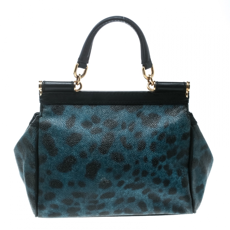 Pre Owned Dolce and Gabbana Black/Blue Animal Print Leather Mini Sicily Top Handle Bag