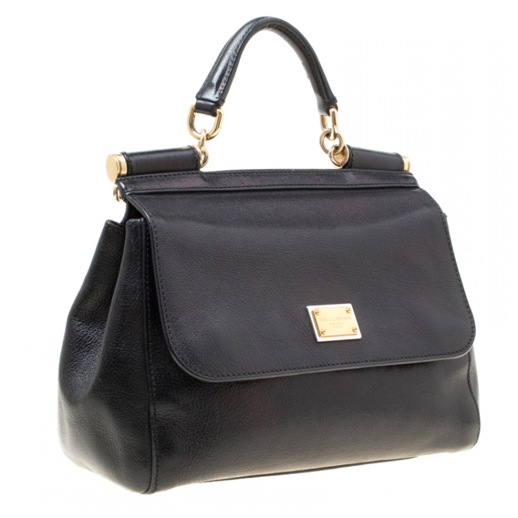 Pre Owned Dolce and Gabbana Black Leather Medium Miss Sicily Top Handle Bag