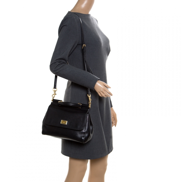 Pre Owned Dolce and Gabbana Black Leather Medium Miss Sicily Top Handle Bag