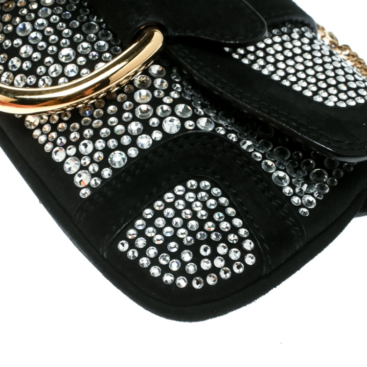 Pre Owned Dolce & Gabbana Black Suede Crystal Studded Chain Pochette