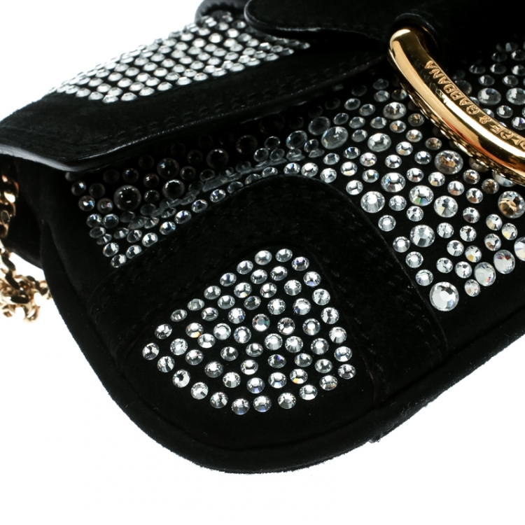 Pre Owned Dolce & Gabbana Black Suede Crystal Studded Chain Pochette