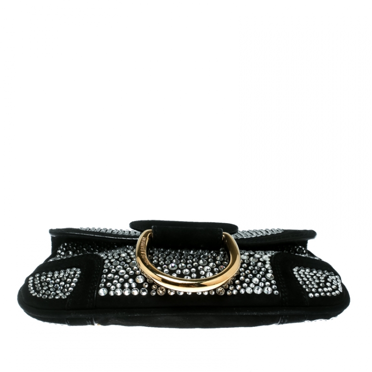 Pre Owned Dolce & Gabbana Black Suede Crystal Studded Chain Pochette