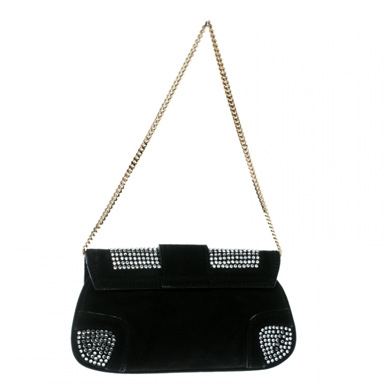 Pre Owned Dolce & Gabbana Black Suede Crystal Studded Chain Pochette