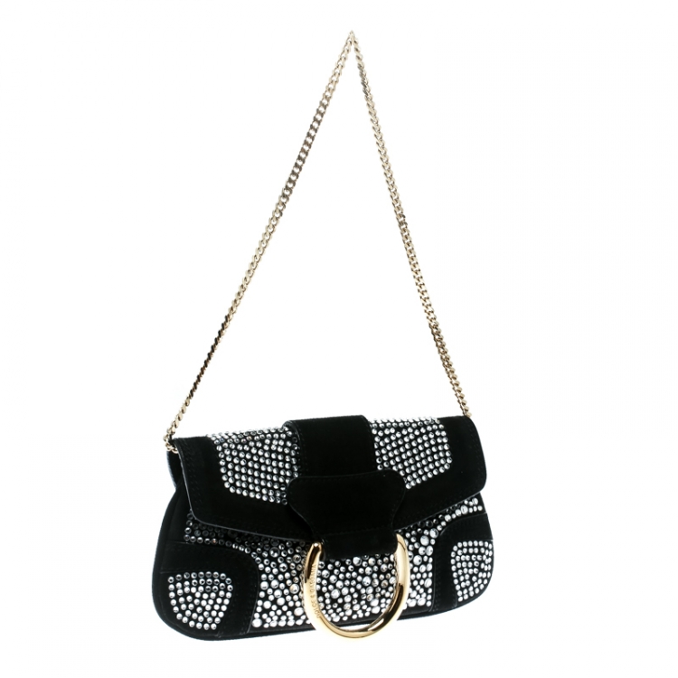 Pre Owned Dolce & Gabbana Black Suede Crystal Studded Chain Pochette