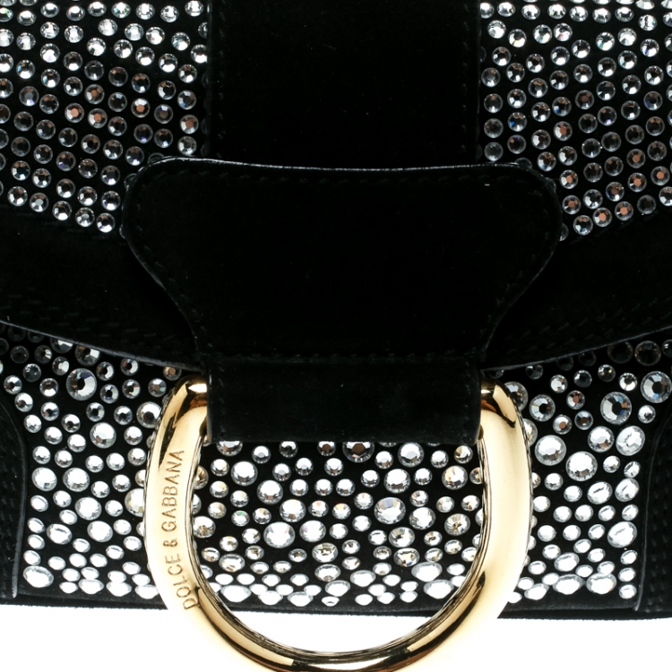 Pre Owned Dolce & Gabbana Black Suede Crystal Studded Chain Pochette