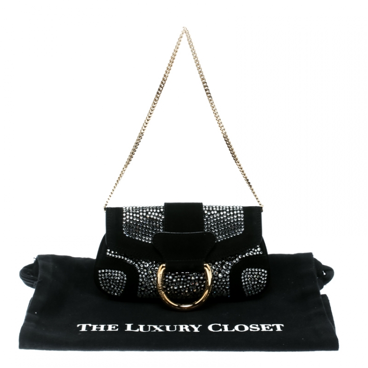 Pre Owned Dolce & Gabbana Black Suede Crystal Studded Chain Pochette