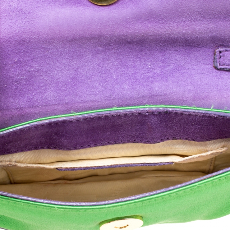 Pre Owned Dolce & Gabbana Green/Purple Satin and Suede Crystal Studded Chain Pochette