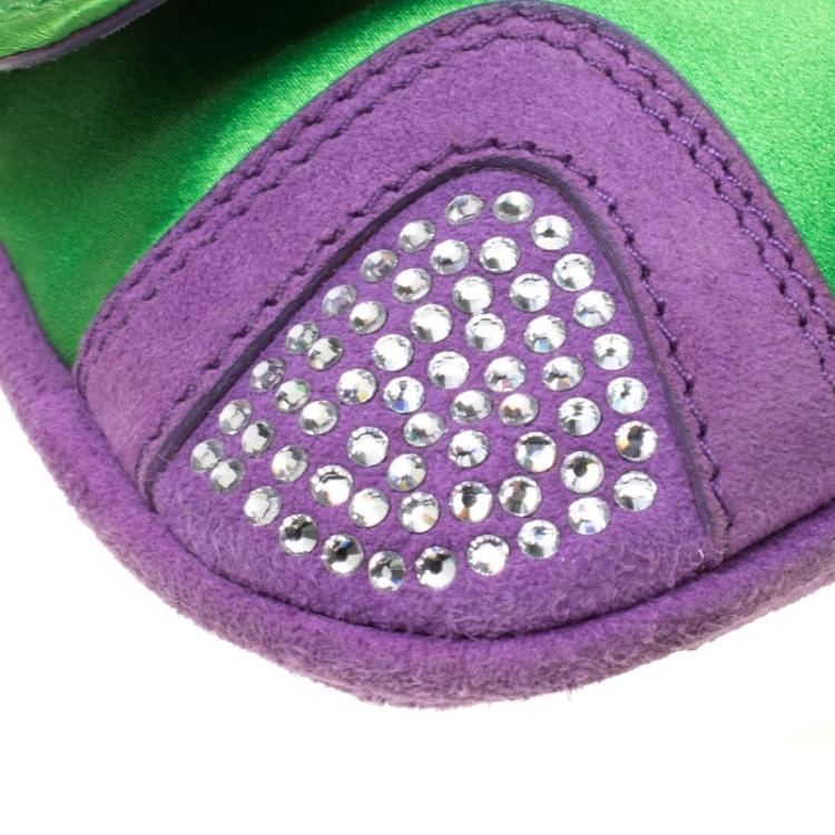Pre Owned Dolce & Gabbana Green/Purple Satin and Suede Crystal Studded Chain Pochette