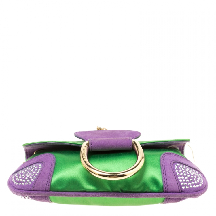 Pre Owned Dolce & Gabbana Green/Purple Satin and Suede Crystal Studded Chain Pochette