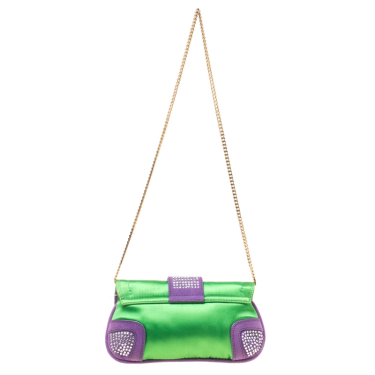 Pre Owned Dolce & Gabbana Green/Purple Satin and Suede Crystal Studded Chain Pochette