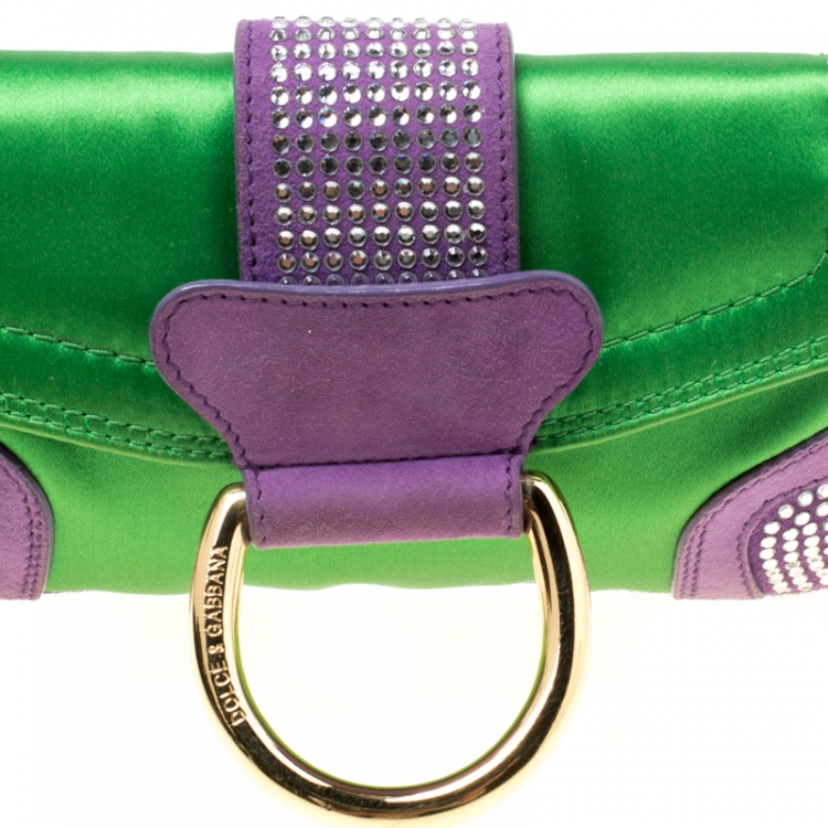 Pre Owned Dolce & Gabbana Green/Purple Satin and Suede Crystal Studded Chain Pochette